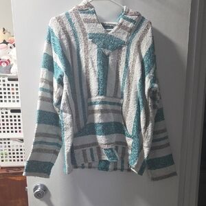 Stylish Teal and Gray Striped Cowl Neck Sweater